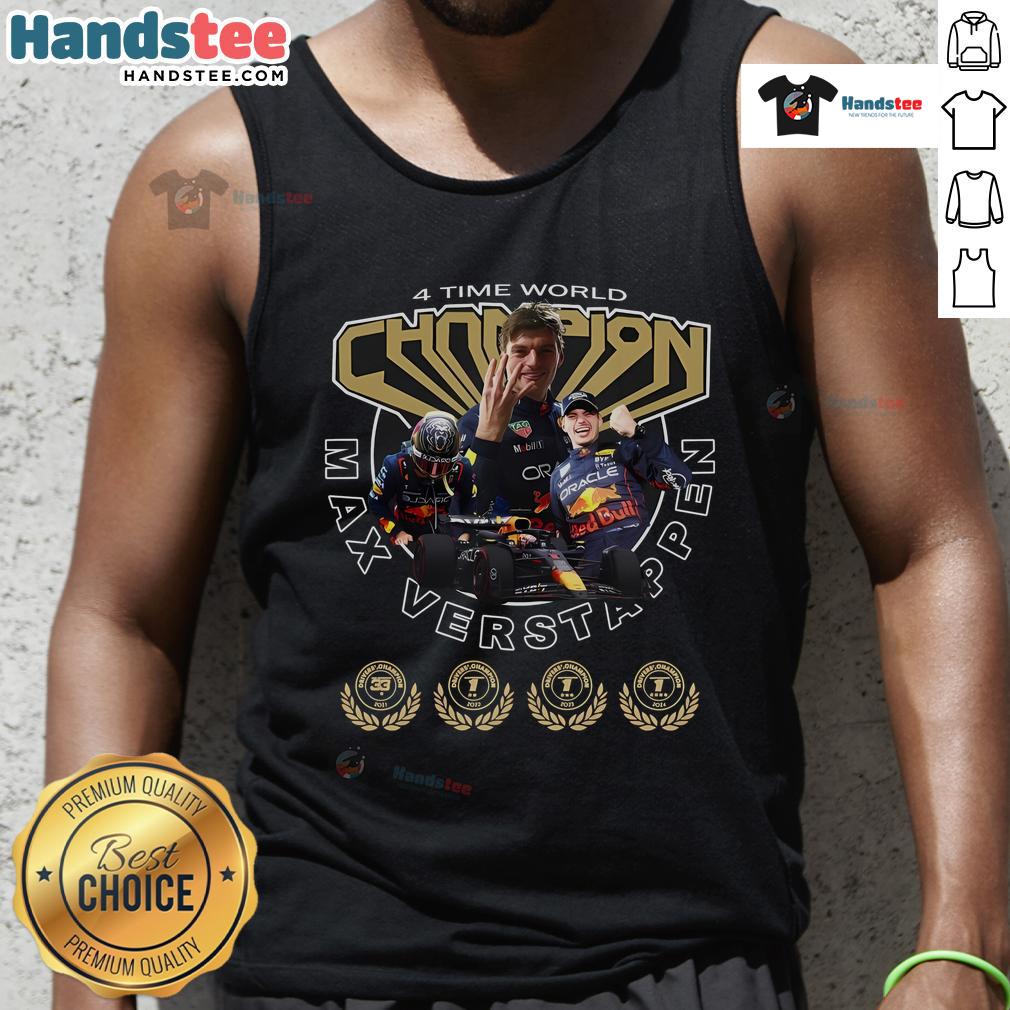 Hot Max Verstappen 4-Time World Championship tank top featuring vibrant design celebrating his racing achievements.