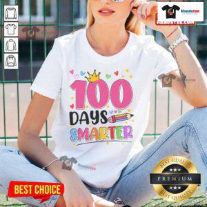 Ladies tee featuring '100 Days Smarter' design for the 100th Day of School celebration.