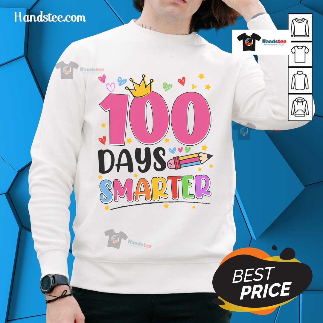 Kid wearing a '100 Days Smarter' sweatshirt celebrating the 100th day of school with a big smile.