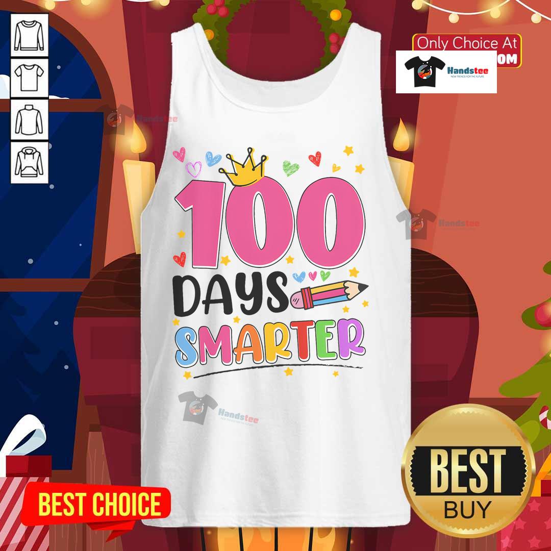 Child wearing a '100 Days Smarter' tank top for the 100th day of school celebration, showcasing fun educational spirit.