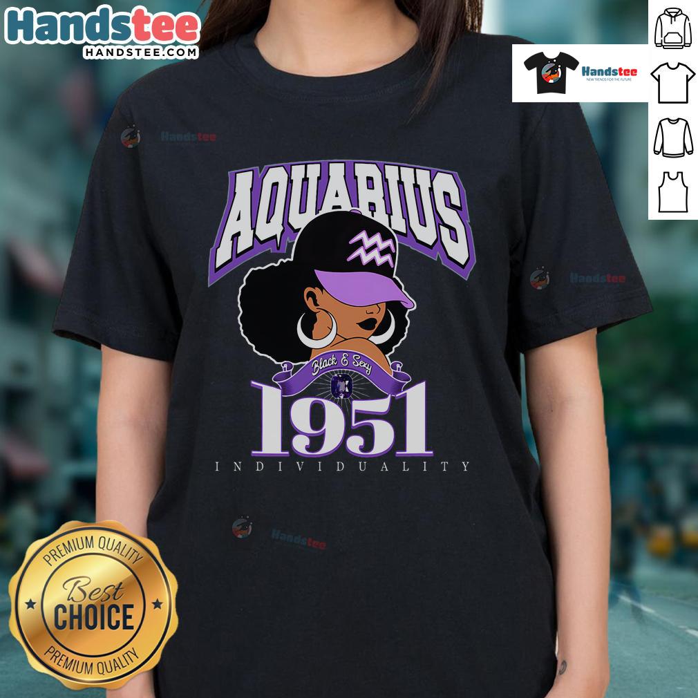 Nice Aquarius 1951 Amethyst Birthday Afro Zodiac Queen Ladies Tee showcasing a stylish design perfect for astrology lovers.