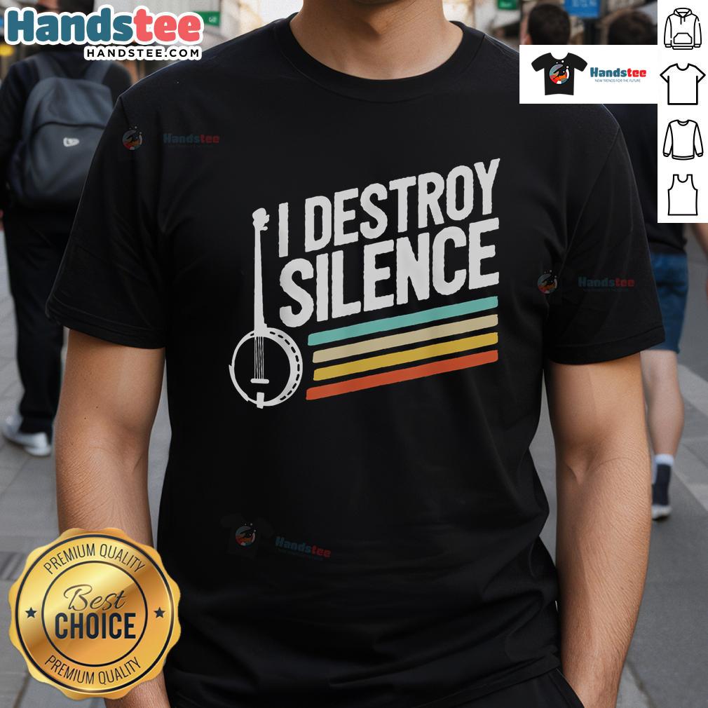 Nice banjo player wearing 'Destroy Silence' banjo t-shirt, showcasing passion for music and banjo culture.