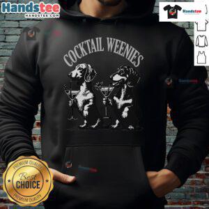 Playful dachshund in a martini glass on a 'Nice Cocktail Weenies' hoodie, perfect for dog lovers and cocktail enthusiasts.