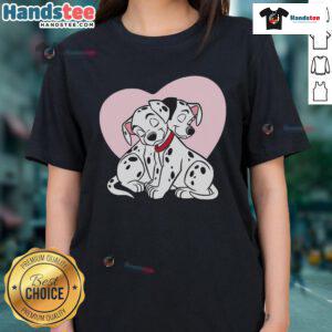 Adorable Dalmatians couple in love on a Valentine-themed dog ladies tee, perfect for dog lovers and Valentine's Day.