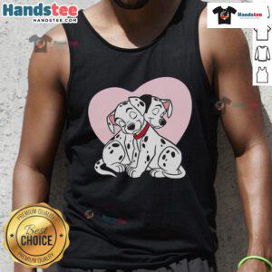 Adorable couple of Dalmatians wearing a Valentine-themed tank top, perfect for dog lovers celebrating love.