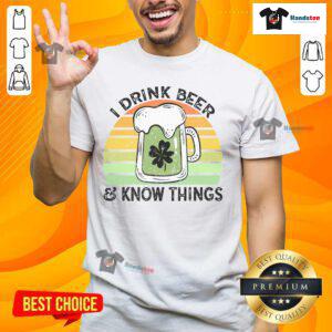 Retro sunset T-shirt featuring 'I Drink Beer And Know Things' slogan, perfect for beer lovers and casual wear.