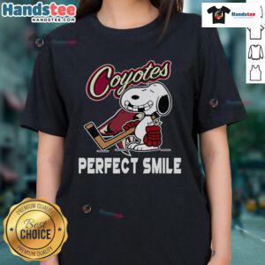 Arizona Coyotes Snoopy Perfect Smile tee from The Peanuts Movie for ladies, showcasing a fun hockey-themed design.
