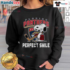 Florida Panthers Snoopy sweatshirt featuring a perfect smile, combining NHL fandom with Peanuts movie charm.
