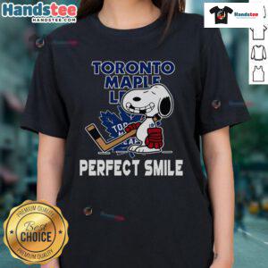 Toronto Maple Leafs Snoopy tee featuring a perfect smile, inspired by The Peanuts Movie, perfect for hockey ladies.