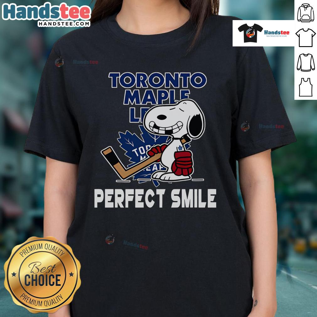 Toronto Maple Leafs Snoopy tee featuring a perfect smile, inspired by The Peanuts Movie, perfect for hockey ladies.