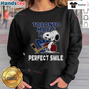 Alt Text: NHL Toronto Maple Leafs Snoopy sweatshirt featuring a perfect smile inspired by The Peanuts Movie, ideal for hockey fans.
