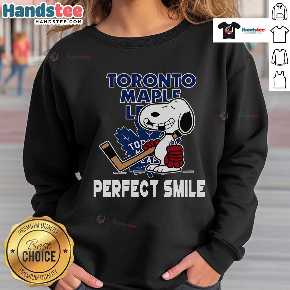 Alt Text: NHL Toronto Maple Leafs Snoopy sweatshirt featuring a perfect smile inspired by The Peanuts Movie, ideal for hockey fans.