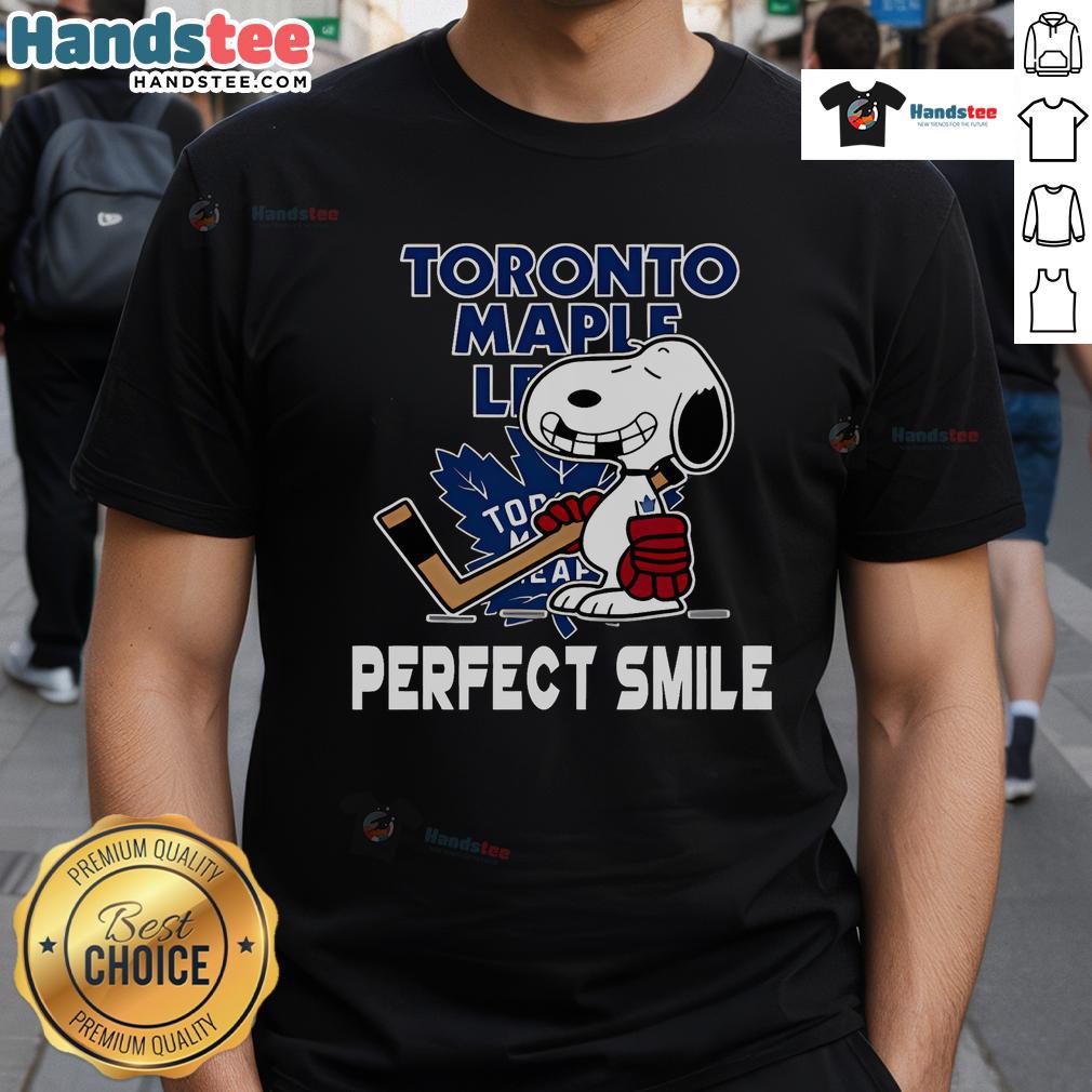 Toronto Maple Leafs Snoopy t-shirt featuring a perfect smile, inspired by The Peanuts Movie, ideal for hockey fans.
