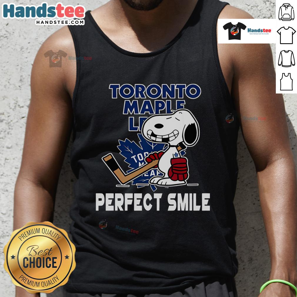 Alt Text: Toronto Maple Leafs Snoopy tank top featuring a perfect smile, inspired by The Peanuts Movie and NHL hockey.