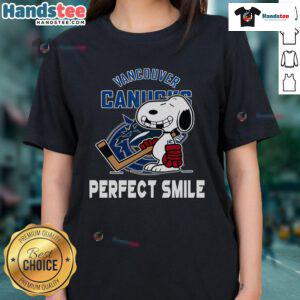 Vancouver Canucks Snoopy tee featuring a perfect smile from The Peanuts Movie, ideal for hockey fans and ladies.