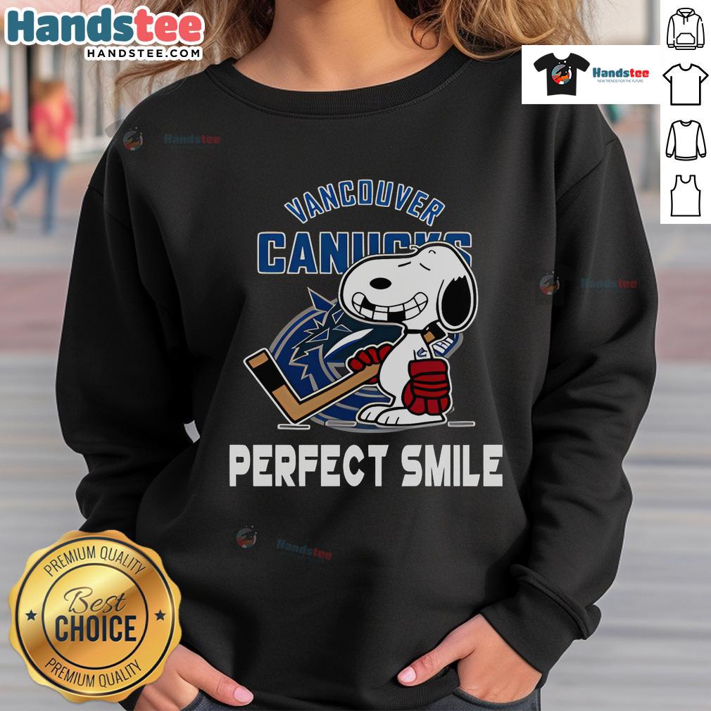 Vancouver Canucks Snoopy sweatshirt featuring a perfect smile from The Peanuts Movie, ideal for NHL fans.
