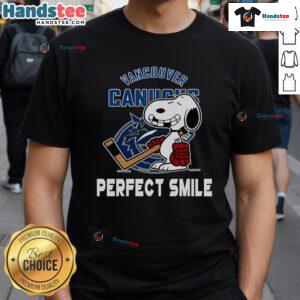 Alt Text: Vancouver Canucks Snoopy Perfect Smile t-shirt featuring Peanuts Movie character, perfect for hockey fans.