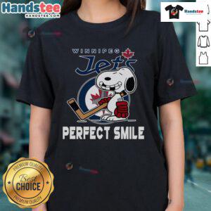 Winnipeg Jets Snoopy tee featuring a perfect smile, ideal for ladies who love The Peanuts Movie and hockey.
