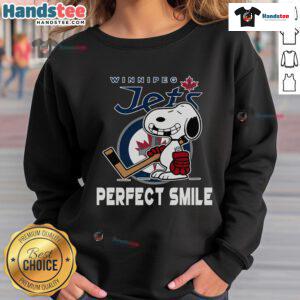 Winnipeg Jets Snoopy sweatshirt featuring a perfect smile from The Peanuts Movie, ideal for NHL fans and cozy wear.