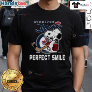 Alt Text: Winnipeg Jets Snoopy T-shirt featuring a perfect smile, inspired by The Peanuts Movie, perfect for hockey fans.