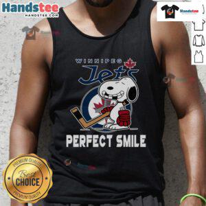 Alt Text: Winnipeg Jets Snoopy tank top featuring a perfect smile, inspired by The Peanuts Movie, perfect for hockey fans.