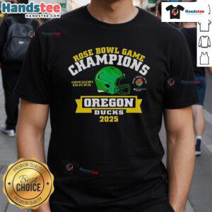 2025 Rose Bowl Game Champions Oregon Ducks T-Shirt featuring team colors and logo celebrating their victory.