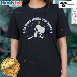 Nice Snoopy Do What Makes You Happy Ladies Tee featuring a cheerful Snoopy graphic on a stylish women's t-shirt.