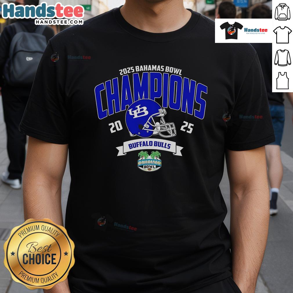 Official Buffalo Bulls Football Champions 2025 Bahamas Bowl NCAA College Football T-Shirt featuring team logo and colors.