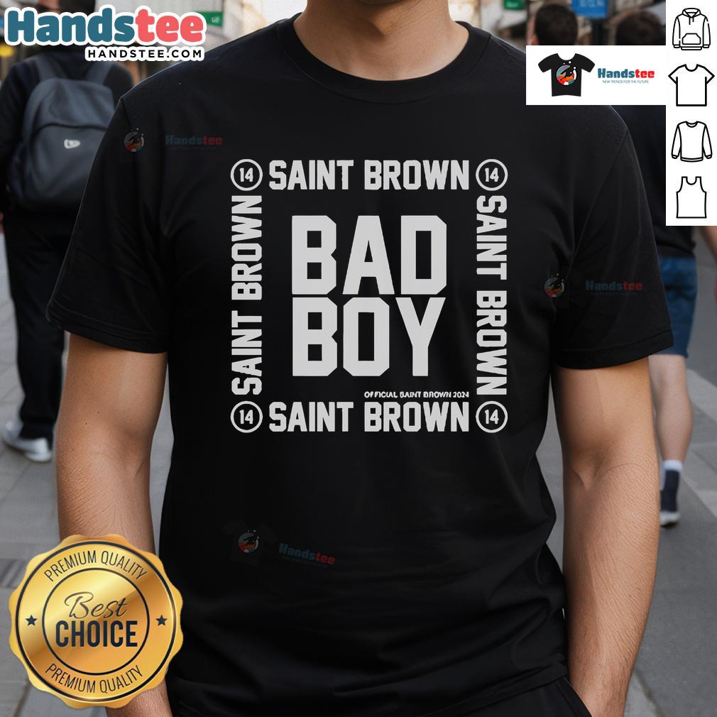 Official Detroit Bad Boy Saint Brown T-Shirt featuring bold graphics and vibrant colors for fans of Detroit sports.