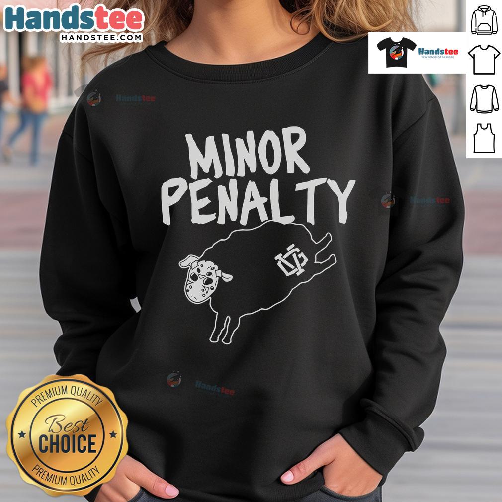 Vintage painting on sweatshirt featuring 'Official Minor Penalty Salad Days' design, perfect for casual wear.