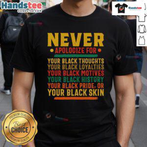 Official Never Apologize For Your Blackness T-Shirt featuring bold text design on a stylish black tee.