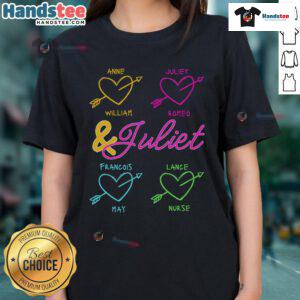 Pretty Juliet Graffiti Love Musical Theatre Heart design on a ladies tee, perfect for musical lovers and theater enthusiasts.