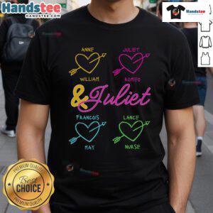 Pretty Juliet graffiti art on a love-themed musical theatre T-shirt, perfect for fans of heartwarming musicals.