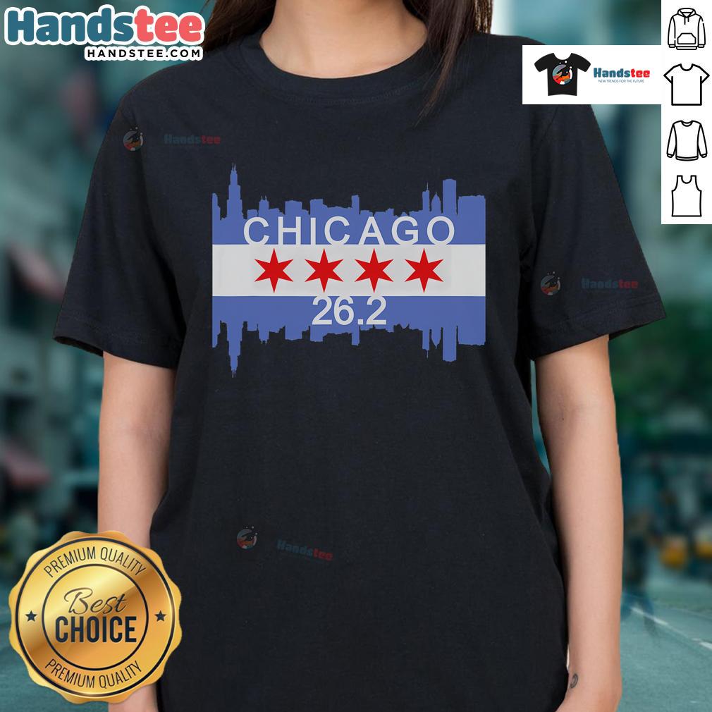 Top 26.2 Mile Marathon Runner in Chicago Flag Running Ladies Tee, showcasing athletic style and Chicago pride.