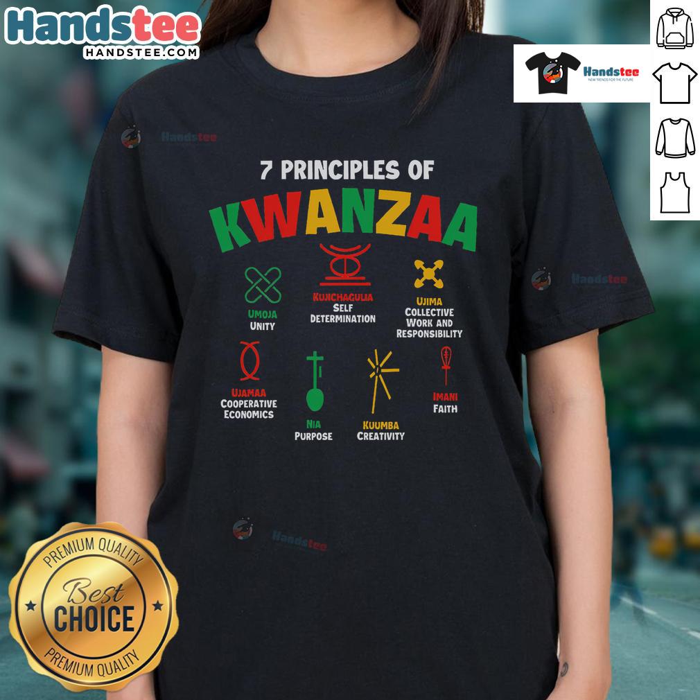 Top 7 Principles of Kwanzaa graphic on a stylish ladies tee showcasing African American heritage and cultural celebration.