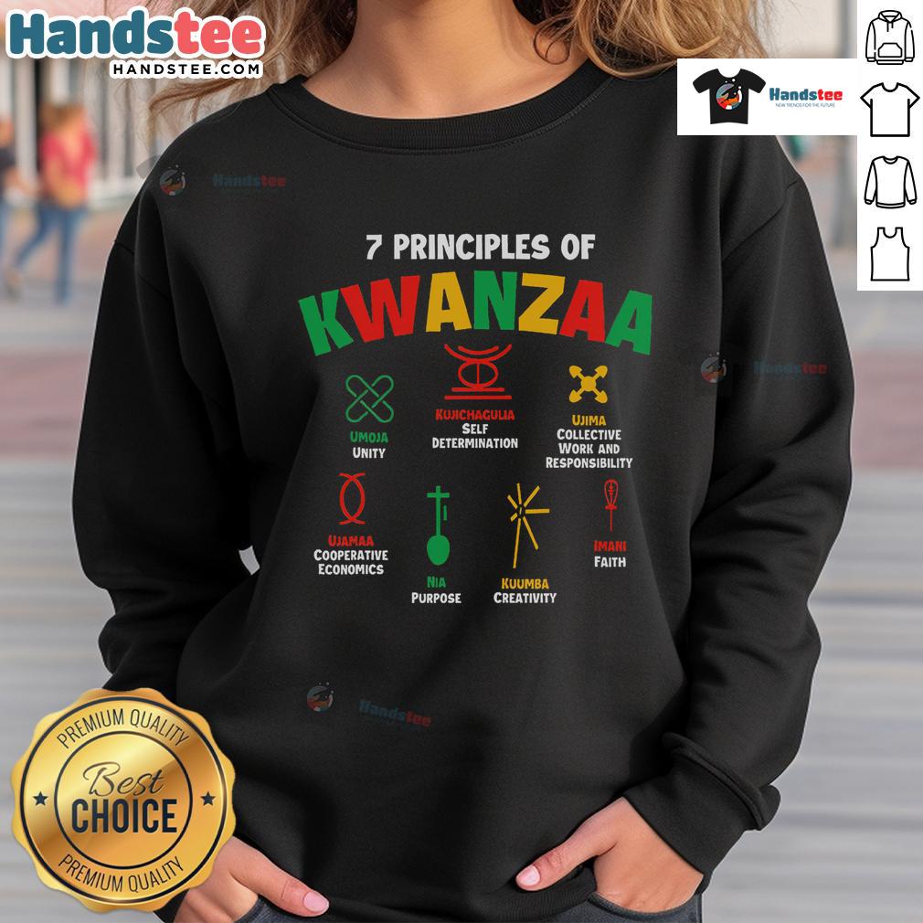 Top 7 Principles of Kwanzaa sweatshirt design celebrating African American heritage festival with vibrant colors.