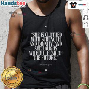 Stylish tank top featuring 'She Is Clothed With Strength' design, perfect for fitness enthusiasts and inspirational fashion.