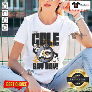 Alt Text: Awesome Adam Cole Bay Bay Bombs Away ladies tee featuring bold graphics and stylish design for wrestling fans.
