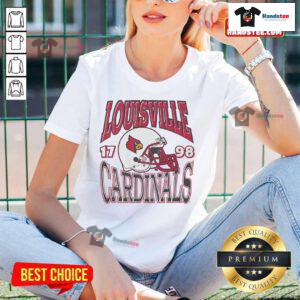 Alt Text: Awesome Louisville Cardinals Classic Team Helmet Ladies Tee showcasing team spirit in stylish women's apparel.