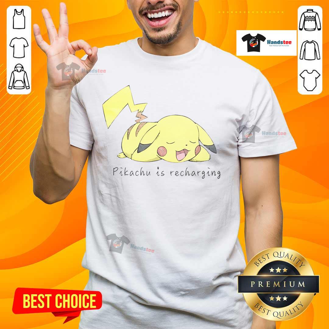 Adorable Pikachu recharging graphic on a trendy t-shirt, perfect for Pokemon fans and casual wear enthusiasts.