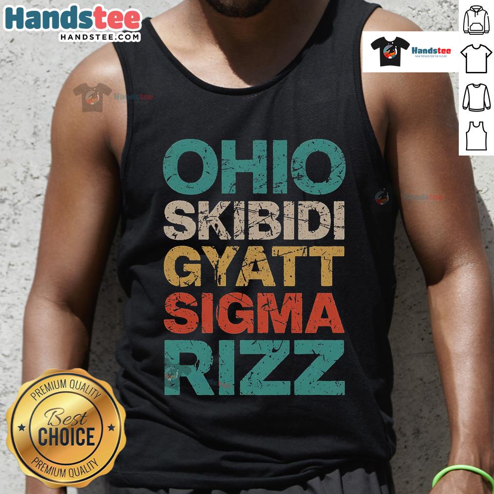 Funny Ohio Skibidi Gyatt Sigma Rizz meme vintage tank top design featuring humorous graphics and bold colors.