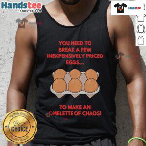 Funny Omelette of Chaos tank top featuring a whimsical design of eggs and cartoon characters for a playful look.