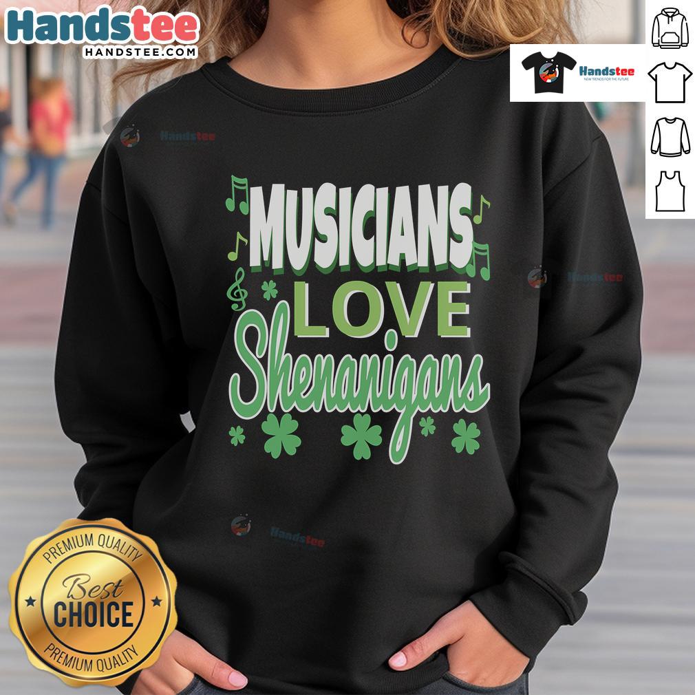 Funny St. Patrick's Day musician in a quirky sweatshirt, celebrating love and shenanigans with festive vibes.