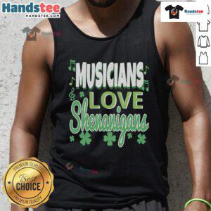 Funny St. Patrick's Day musician wearing a playful tank top, showcasing love and shenanigans in festive green attire.