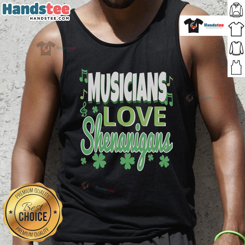 Funny St. Patrick's Day musician wearing a playful tank top, showcasing love and shenanigans in festive green attire.