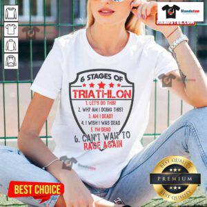 Funny triathlon design featuring six stages for triathletes on a ladies tee, perfect for first race celebrations.