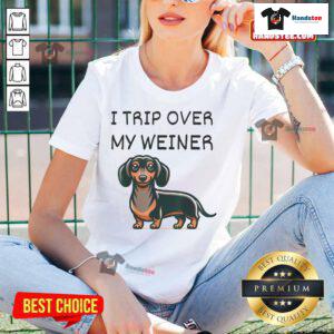 Funny tripping dachshund weiner dog design on a ladies tee, perfect for dog lovers and Doxie enthusiasts.