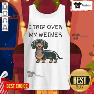 Funny Dachshund tank top featuring a playful weiner dog tripping, perfect for Doxie lovers and humor enthusiasts.