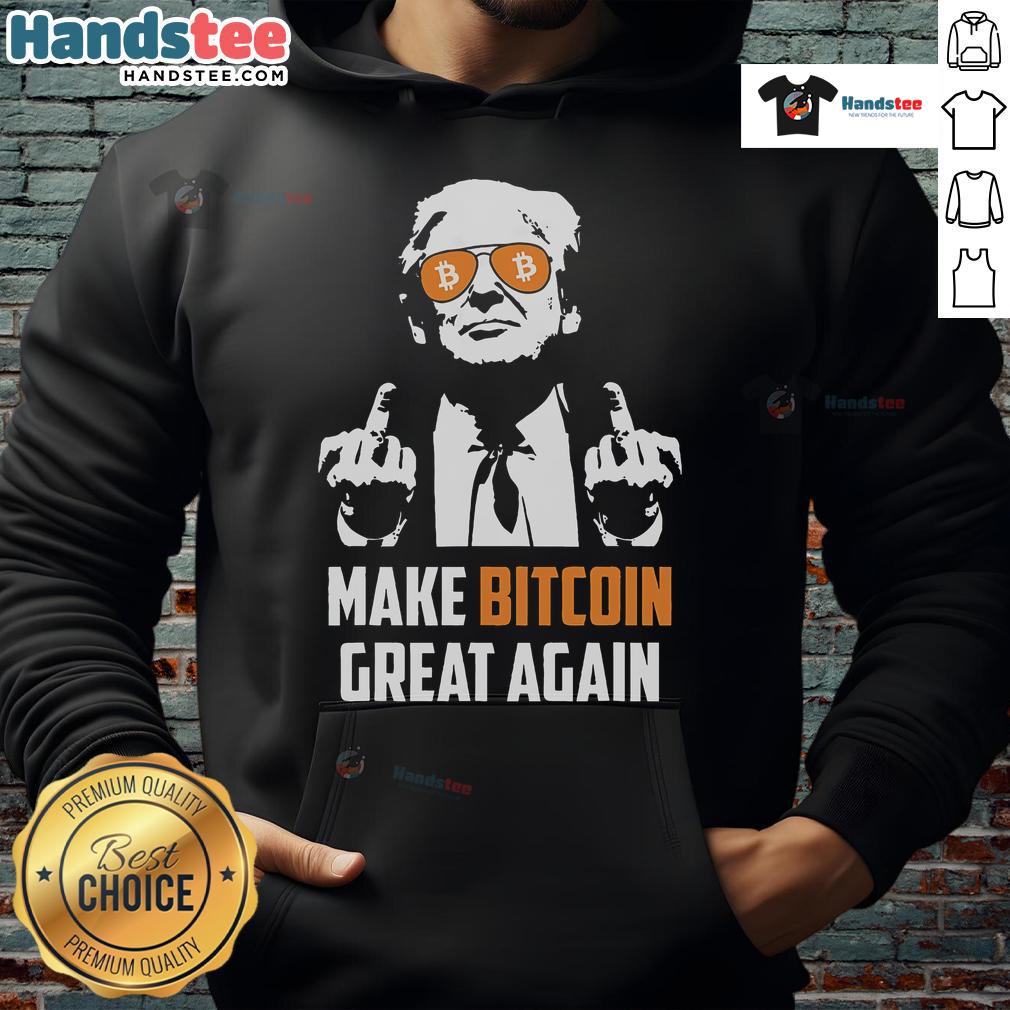 Alt Text: Funny Trump Make Bitcoin Great Again hoodie featuring pro-Trump design and MAGA slogan in bold colors.