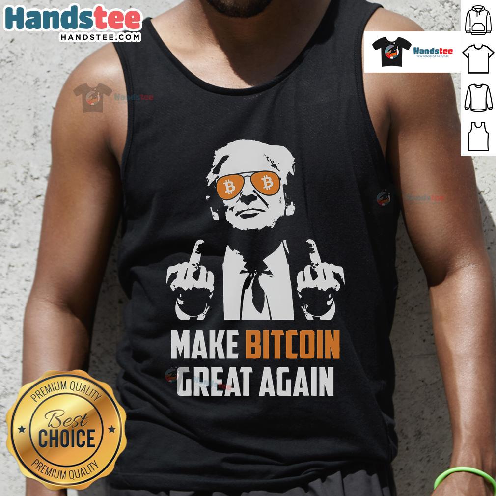 Funny Trump 'Make Bitcoin Great Again' tank top featuring a humorous MAGA design for pro-Trump supporters.